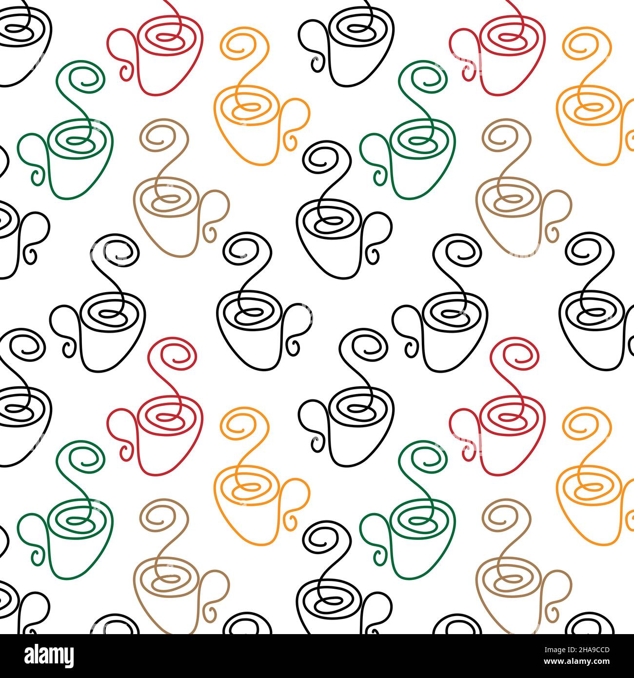Abstract Seamless pattern of multicolored cups in a minimalistic line art style in one continuous line on white background. Repeating texture for design of wrapping paper, napkins, menus, fabrics. Vector graphics. Vector illustration. Stock Vector