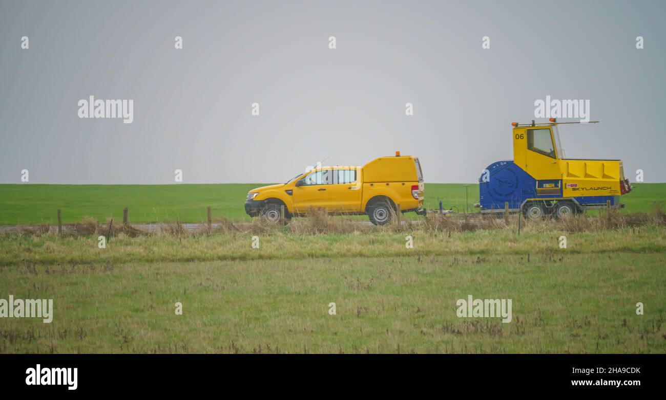 Skylaunch glider high speed cable winch launching system being towed at the end of an airfeld runway, Wiltshire UK Stock Photo