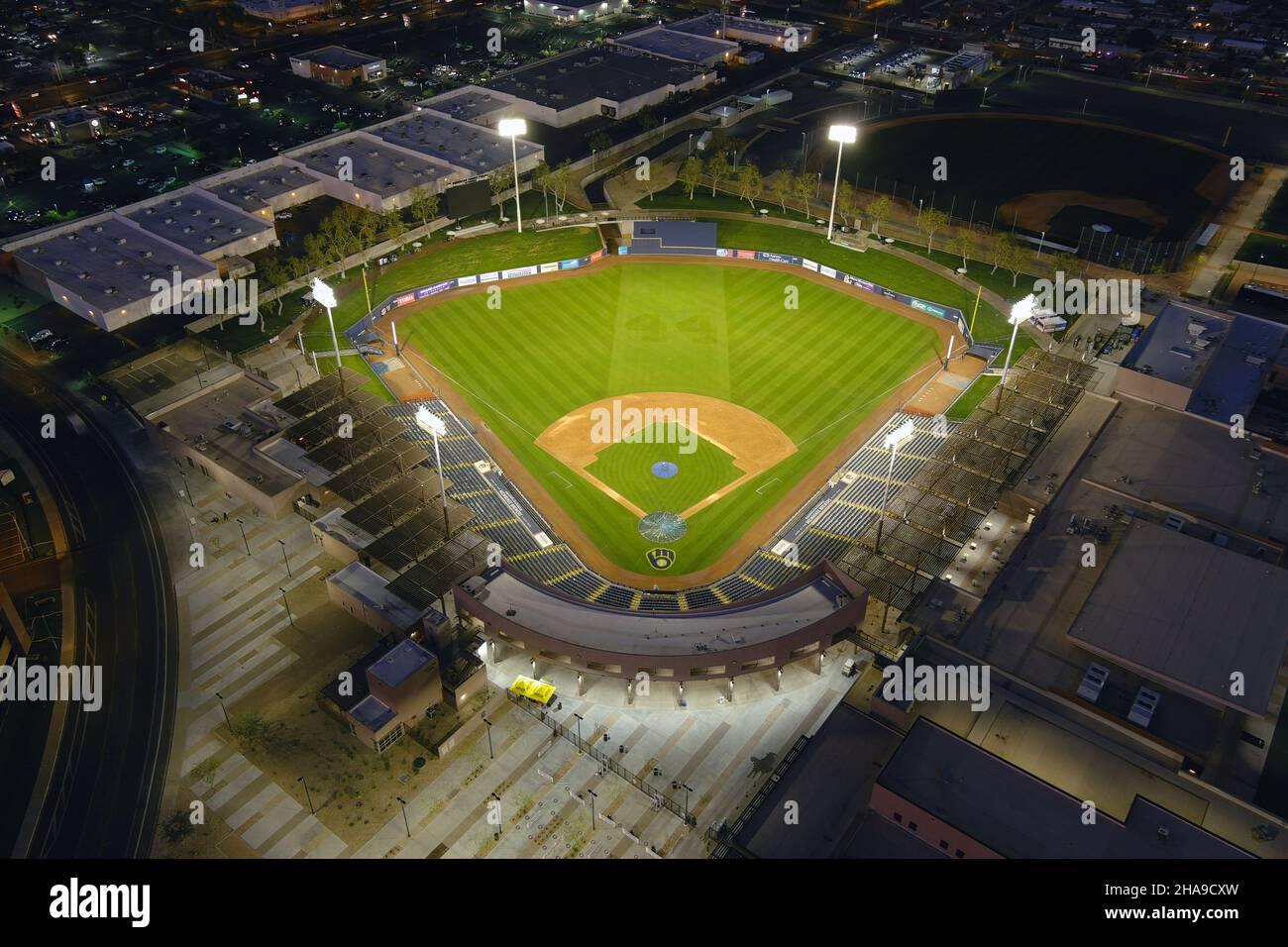 Night professional baseball game at Frontier Field Stadium in Rochester New  York with city and Kodak Rochester Red Wings play Stock Photo - Alamy