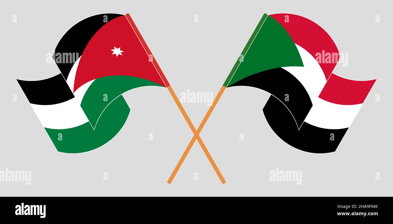Crossed and waving flags of Jordan and Sudan. Vector illustration Stock Vector