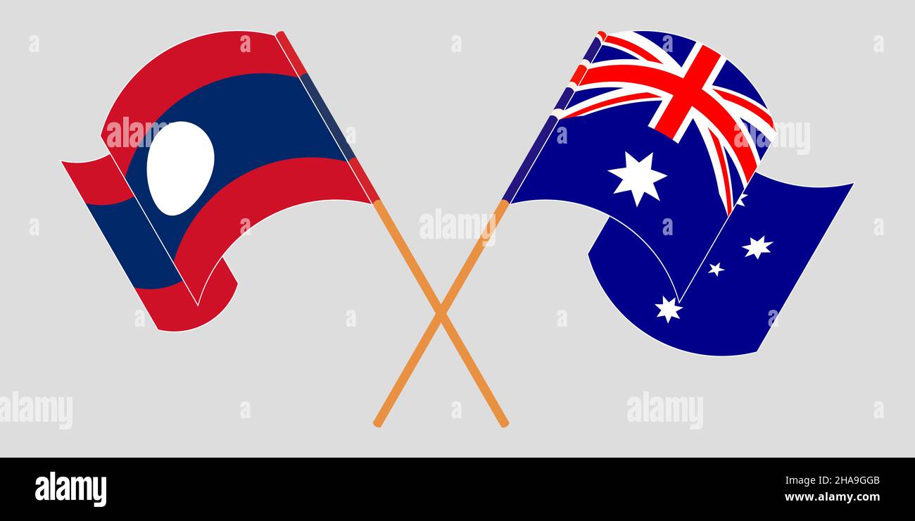 Crossed and waving flags of Laos and Australia. Vector illustration Stock Vector
