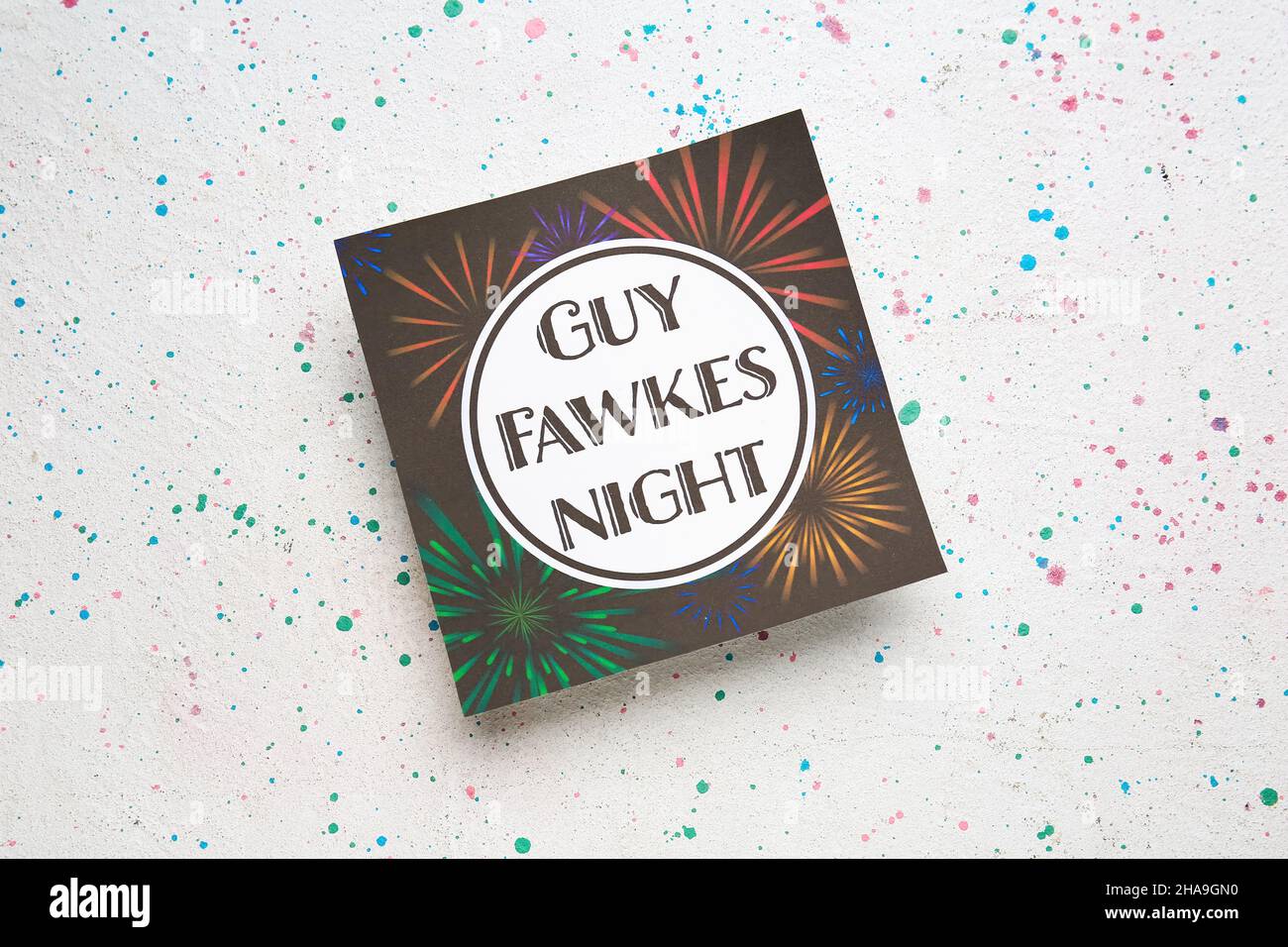 Greeting card for Guy Fawkes night on light background Stock Photo - Alamy