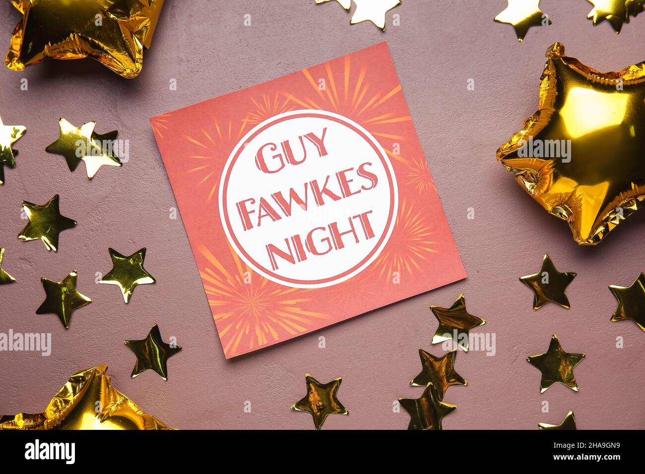 Greeting card for Guy Fawkes night and balloons on color background ...
