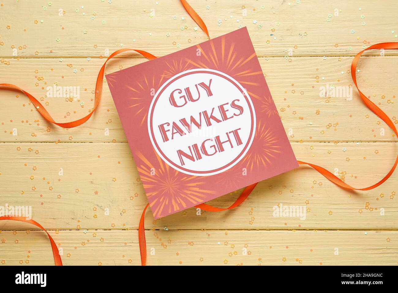 Greeting card for Guy Fawkes night on color wooden background Stock ...