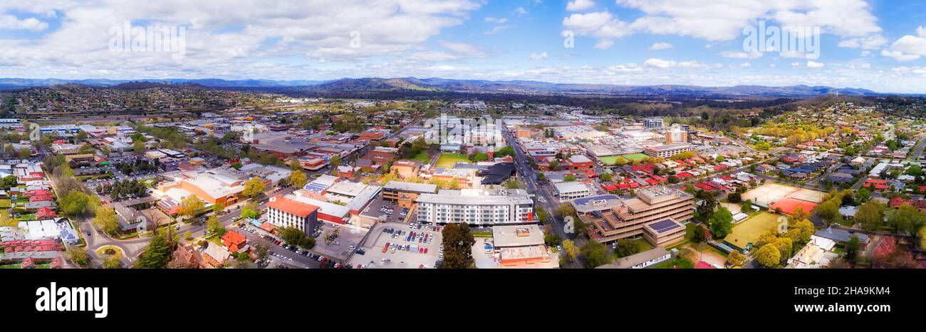 Downtown of Albury rural town on a border of NSW and Victoria in Australia - wide aerial panorama. Stock Photo