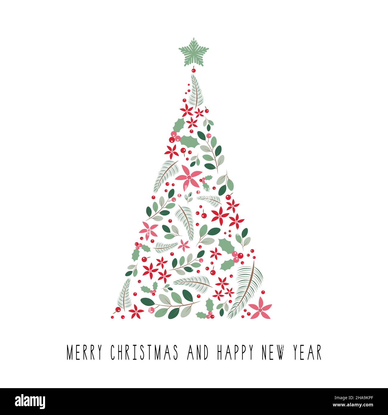 Christmas tree made of Christmas decoration. Illustration Greeting card isolated on white background Stock Photo
