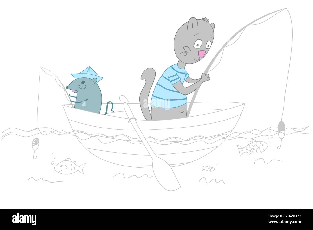 Vector illustration of a cat and a mouse who are fishing in a boat on the water. Friends have a good time fishing together. Rest after work and vacati Stock Vector