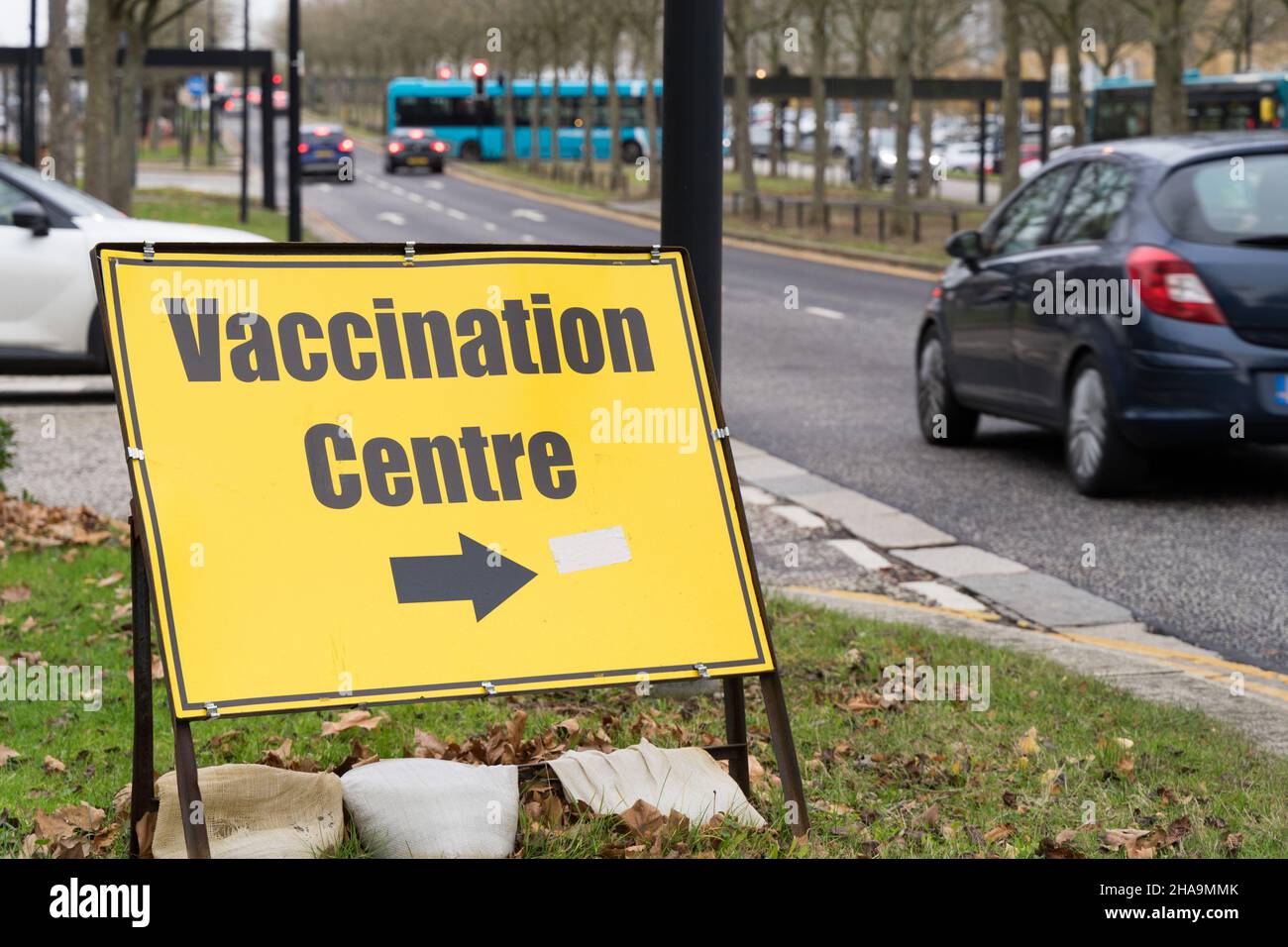 Milton Keynes, UK. 11th Dec, 2021. COVID-19 vaccination Centre road sign posted , welcome general public to take Coronavirus vaccine to combat the latest Omicron variant among the other variants in the Borough of Milton Keynes in Buckinghamshire England. Credit: xiu bao/Alamy Live News Stock Photo