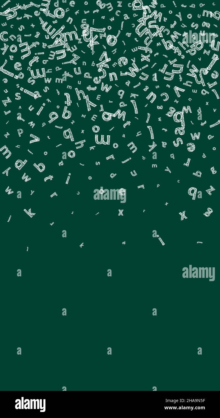 Falling letters of English language. Sketch chalk flying words of Latin ...