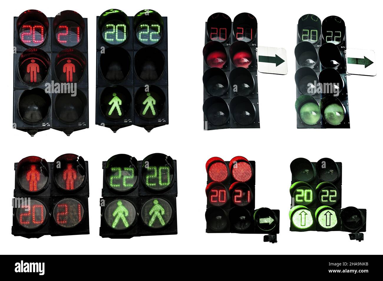 Set of traffic lights. Isolates. Red numbers 2021. Green numbers 2022