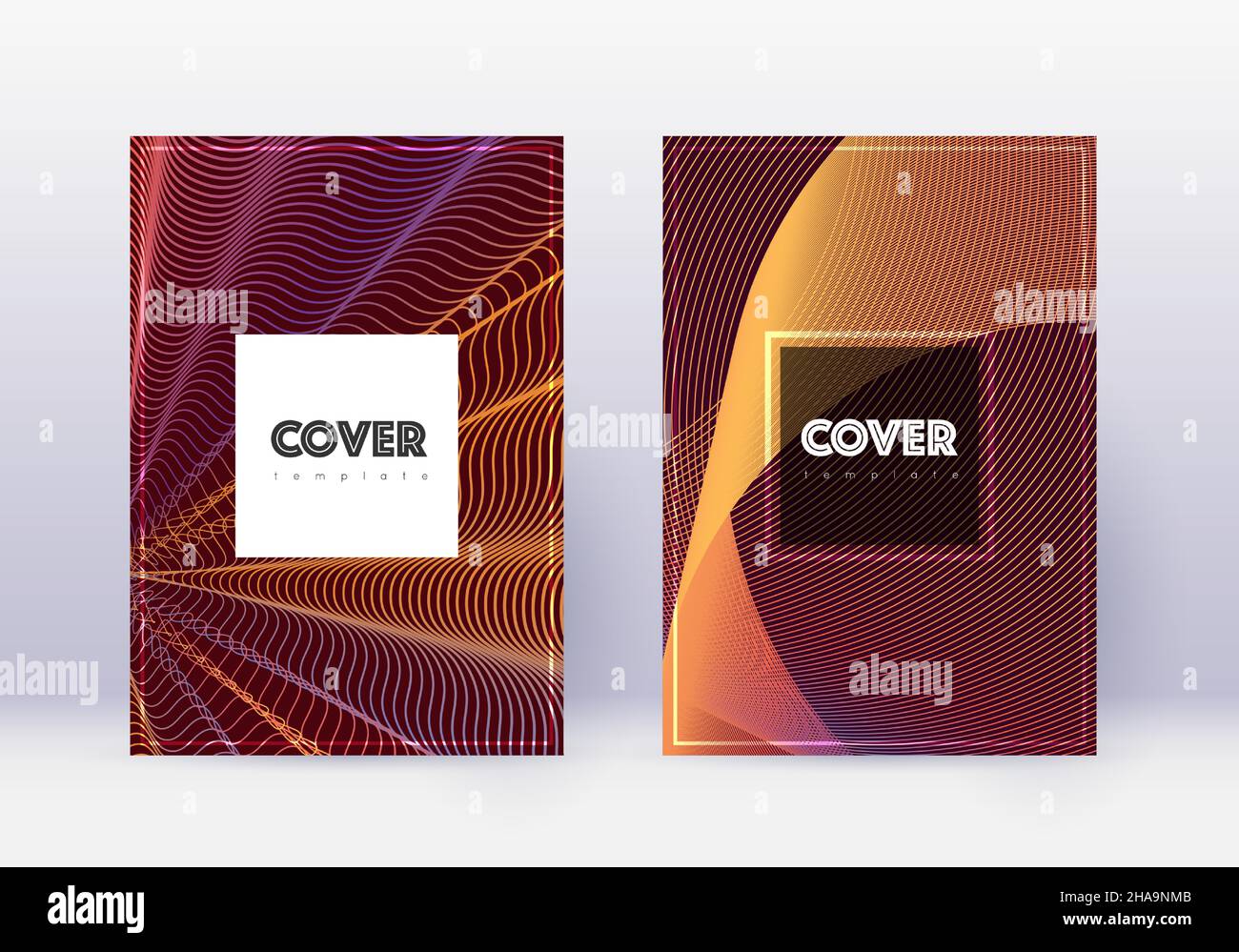 Hipster cover design template set. Orange abstract lines on wine red