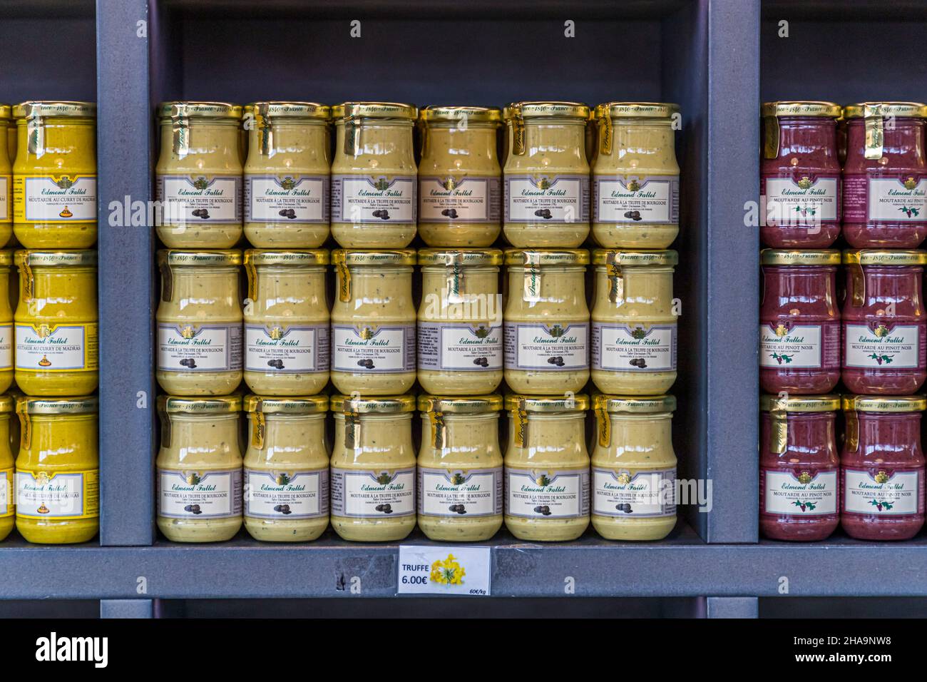 Truffle mustard of the Moutarderie (Mustard Factory) Edmond Fallot in Beaune, France Stock Photo