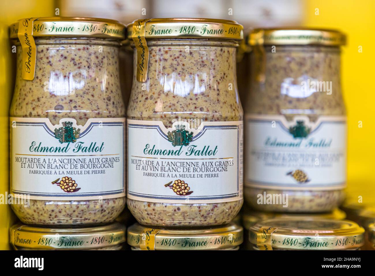 Old fashioned mustard with seeds and white wine from Burgundy by the Moutarderie (Mustard Factory) Edmond Fallot in Beaune, France Stock Photo