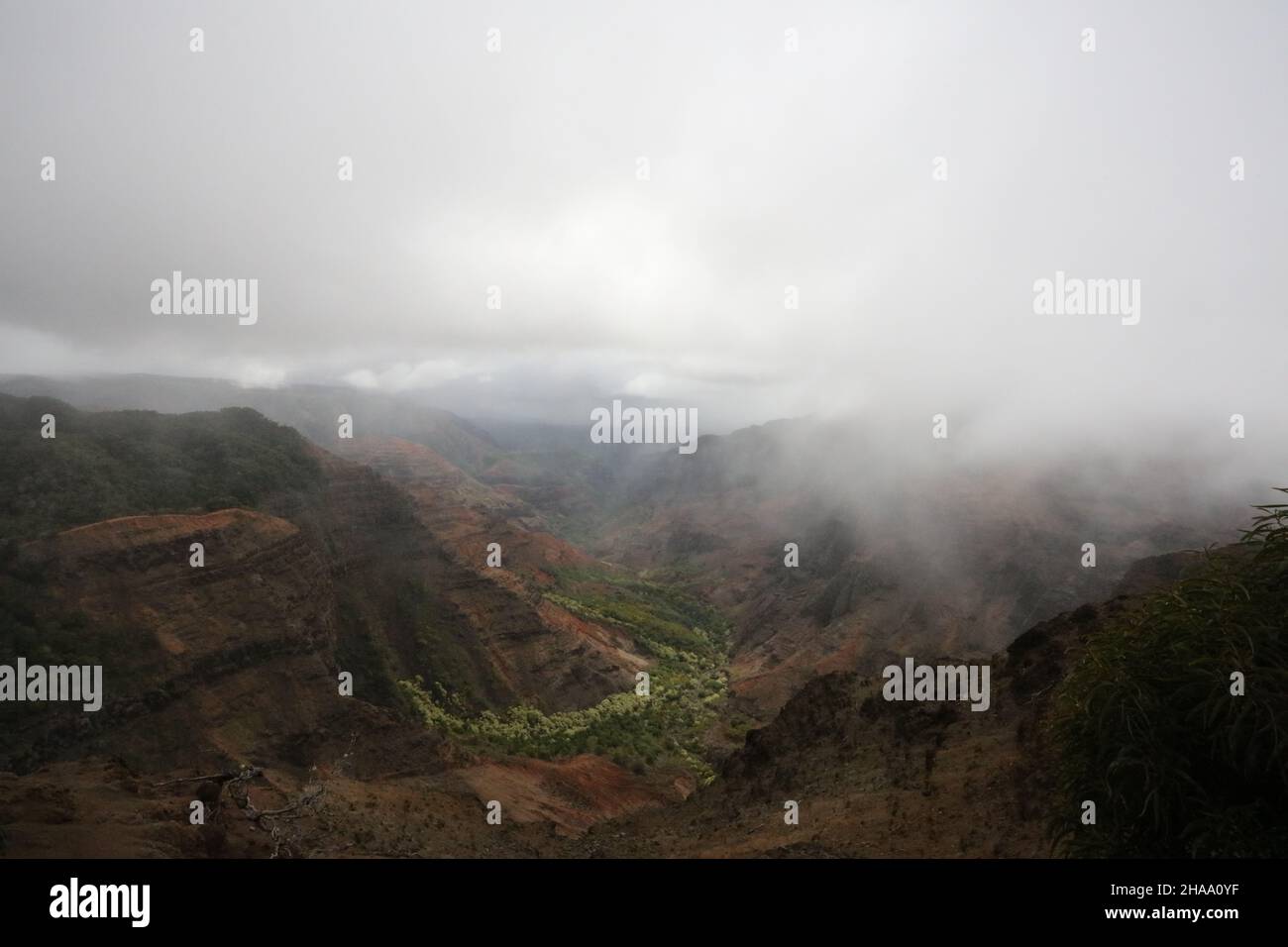 Rain falling over Waimea Canyon on a cloudy day in Waimea Canyon State