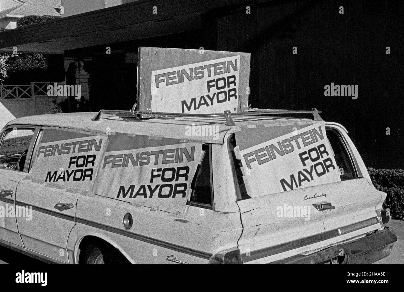 Dianne Feinstein for San Francisco Mayor campaign posters on a station wagon in San Francisco, California, 1970s Stock Photo
