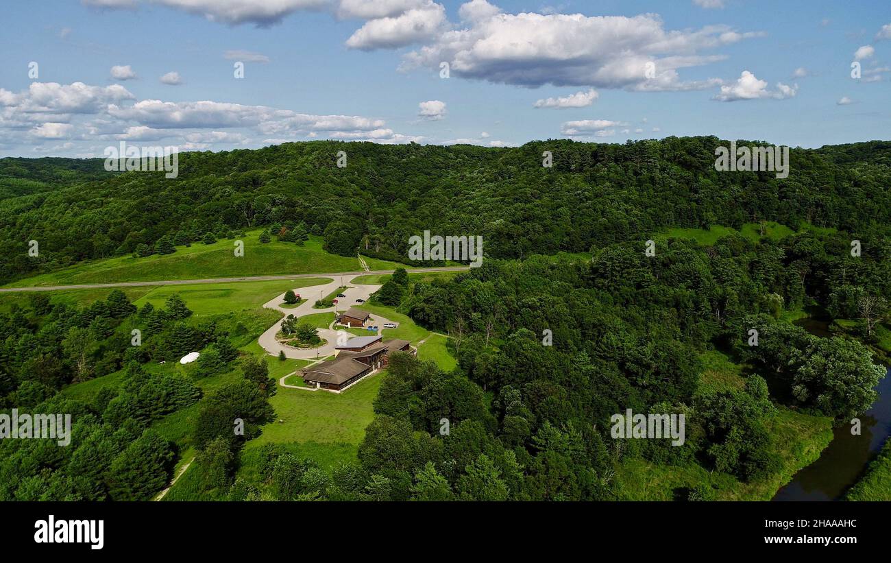 Aerial view of the Kickapoo Valley Reserve 8,600-acre public land and information center, hiking, canoeing, horseback riding, LaFarge, WI, USA Stock Photo