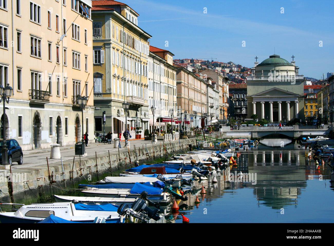 Canal Grande with the Sant Antonio Nuovo Church in Trieste, Italy. Stock Photo