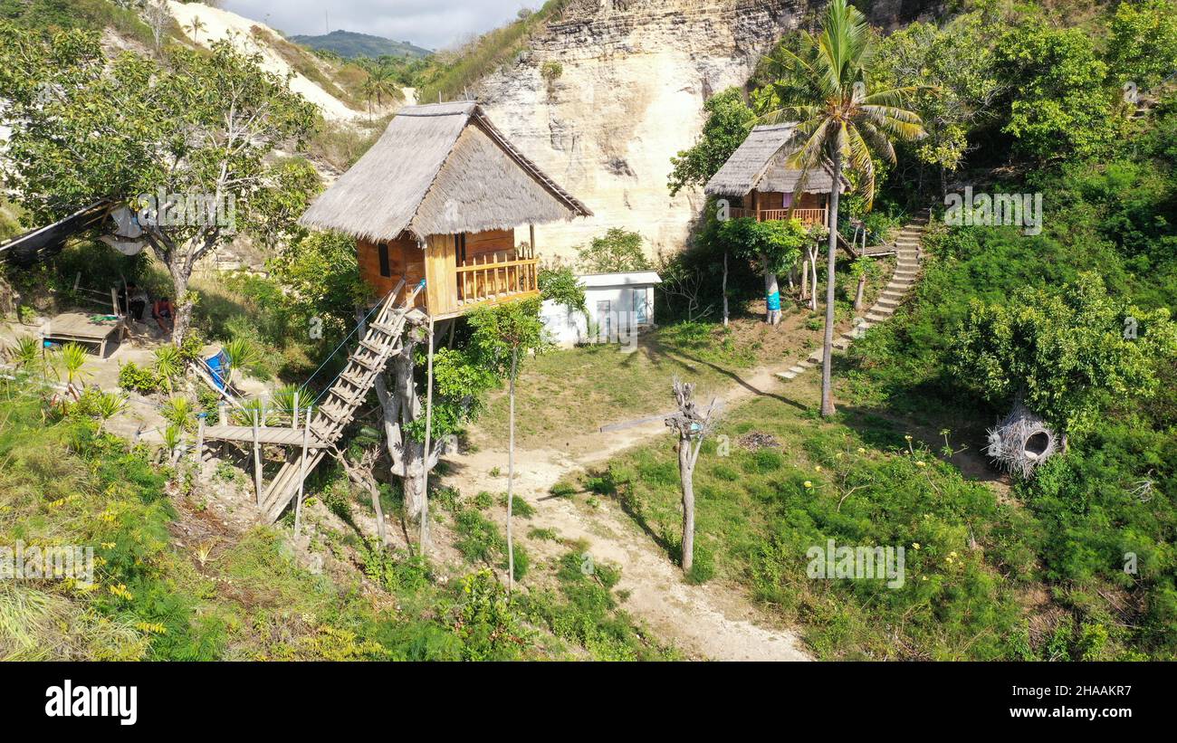 Rumah Pohon Tree houses next to the Raja Lima Shrine and lookout point on Nusa Penida, Indonesia Stock Photo