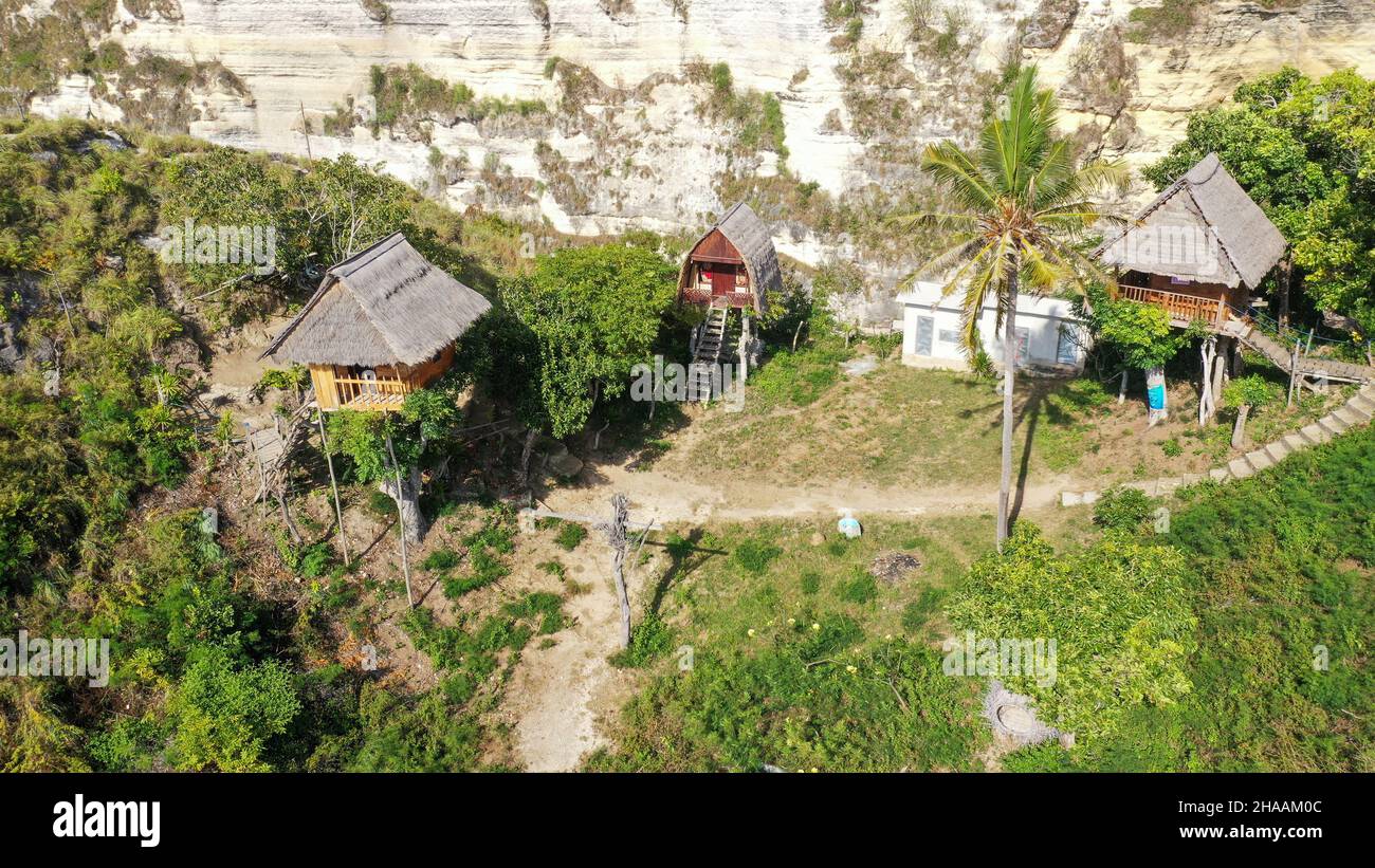 Rumah Pohon Tree houses next to the Raja Lima Shrine and lookout point on Nusa Penida, Indonesia Stock Photo
