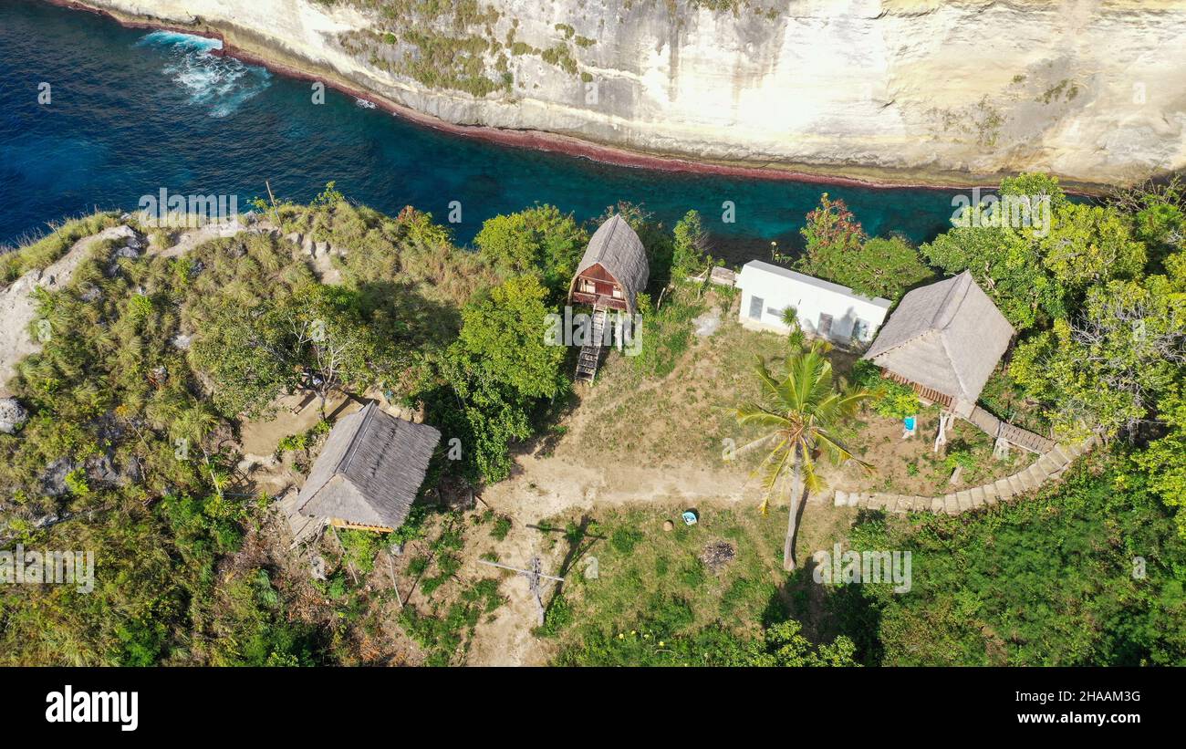 Rumah Pohon Tree houses next to the Raja Lima Shrine and lookout point on Nusa Penida, Indonesia Stock Photo