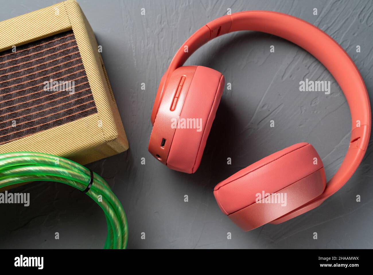 a red headphone on gray background Stock Photo