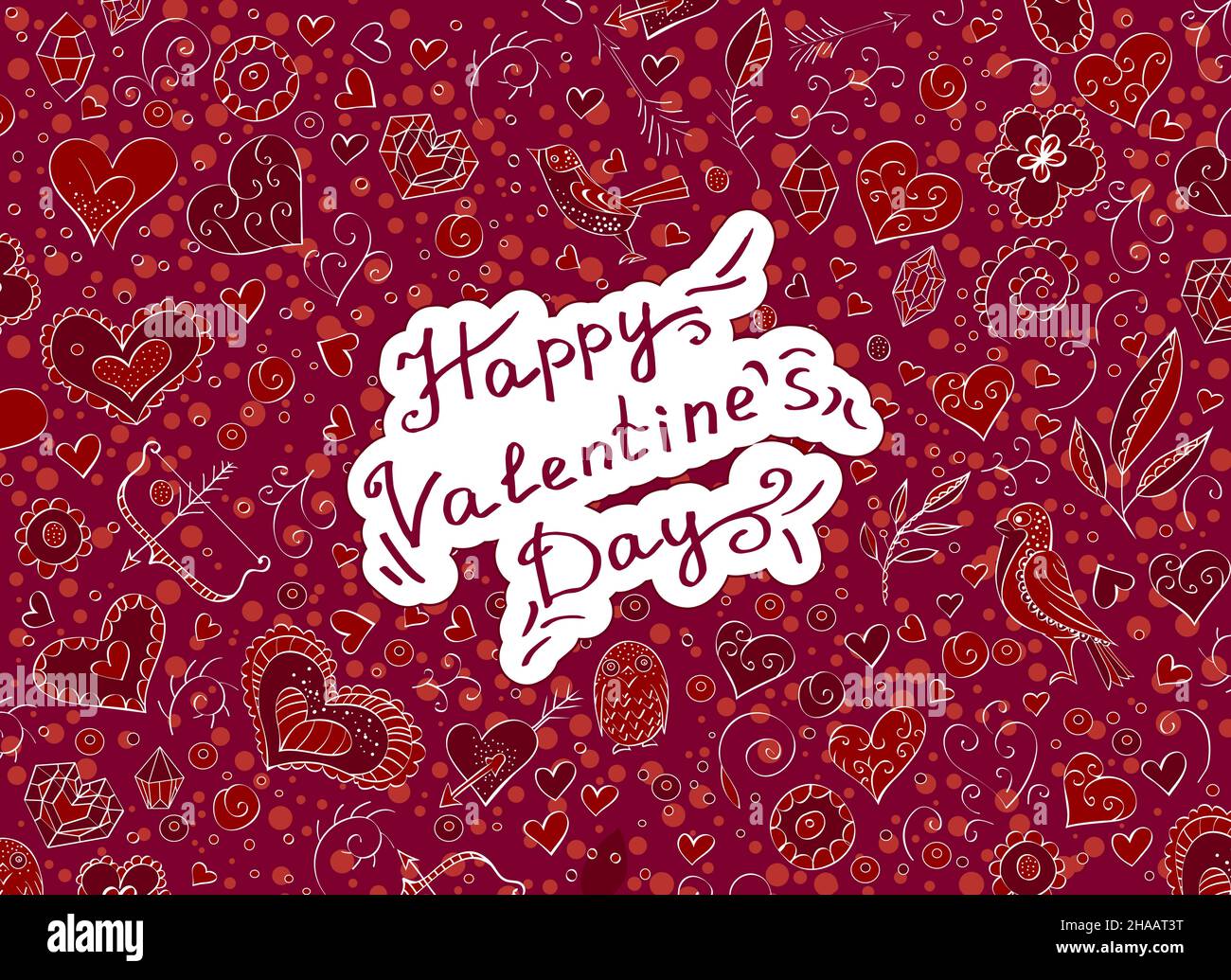 Vector background with hand drawn objects and lettering for Valentine's Day. Doodle. In red color. Stock Vector
