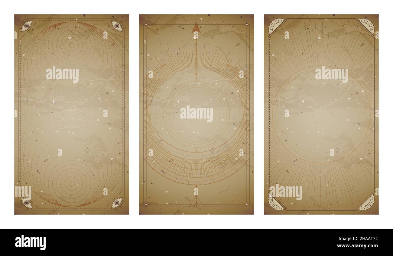 Vector set of three vintage backgrounds with geometric symbols and frames. Abstract geometric symbols and sacred mystic signs drawn in lines. In sepia Stock Vector