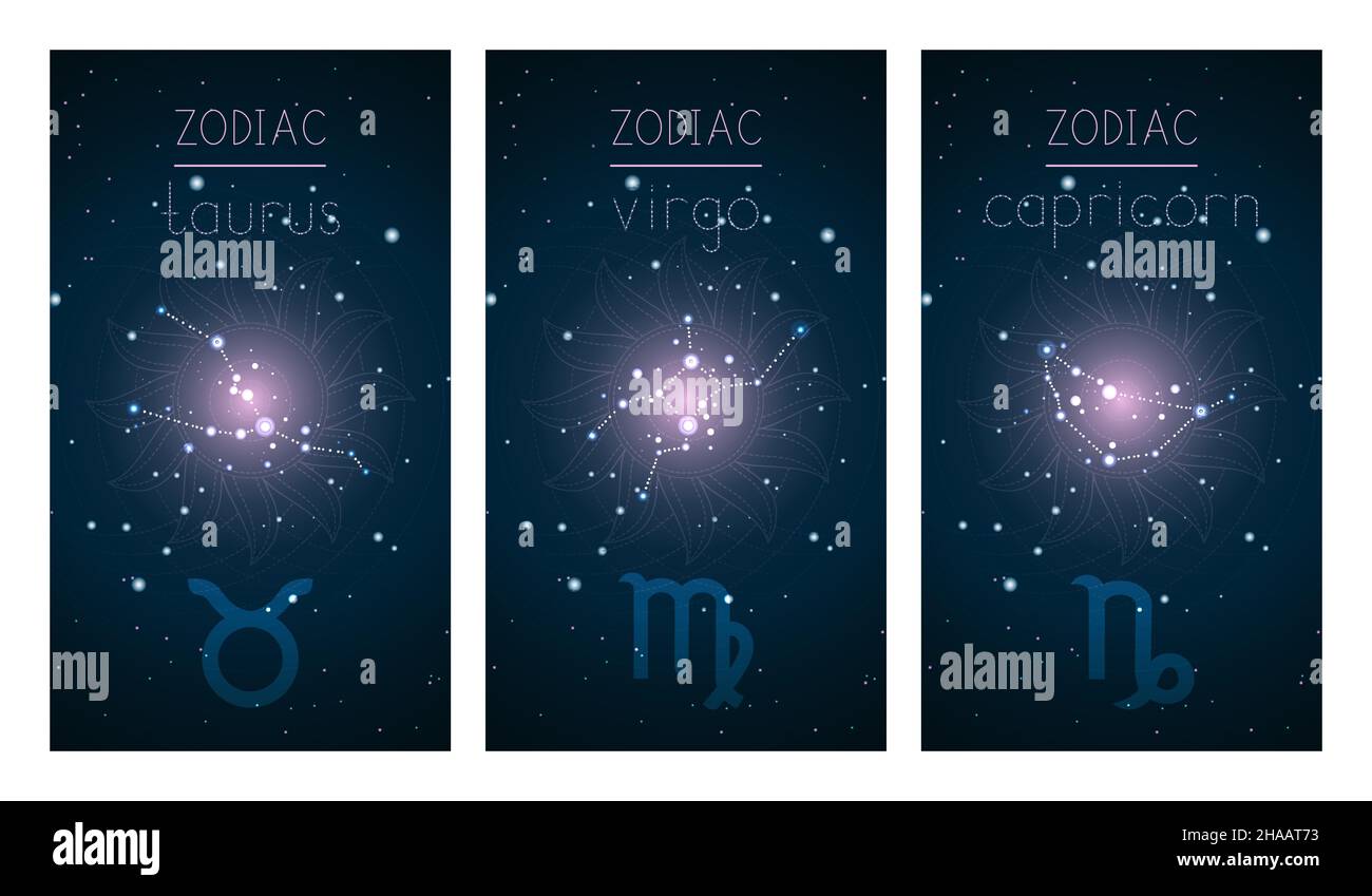 Set of three cards with Signs of the Zodiac, astrological