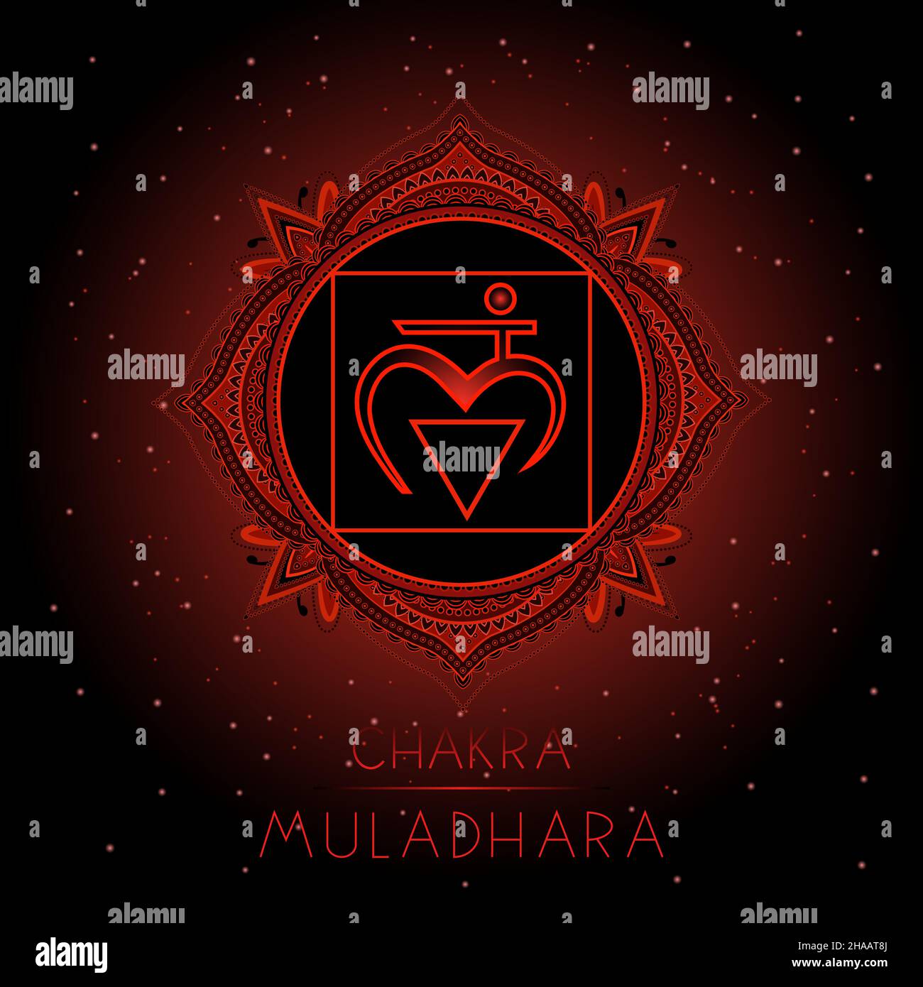 Vector illustration with symbol Muladhara - Root chakra on black background. Round mandala pattern and hand drawn lettering. Colored. Stock Vector