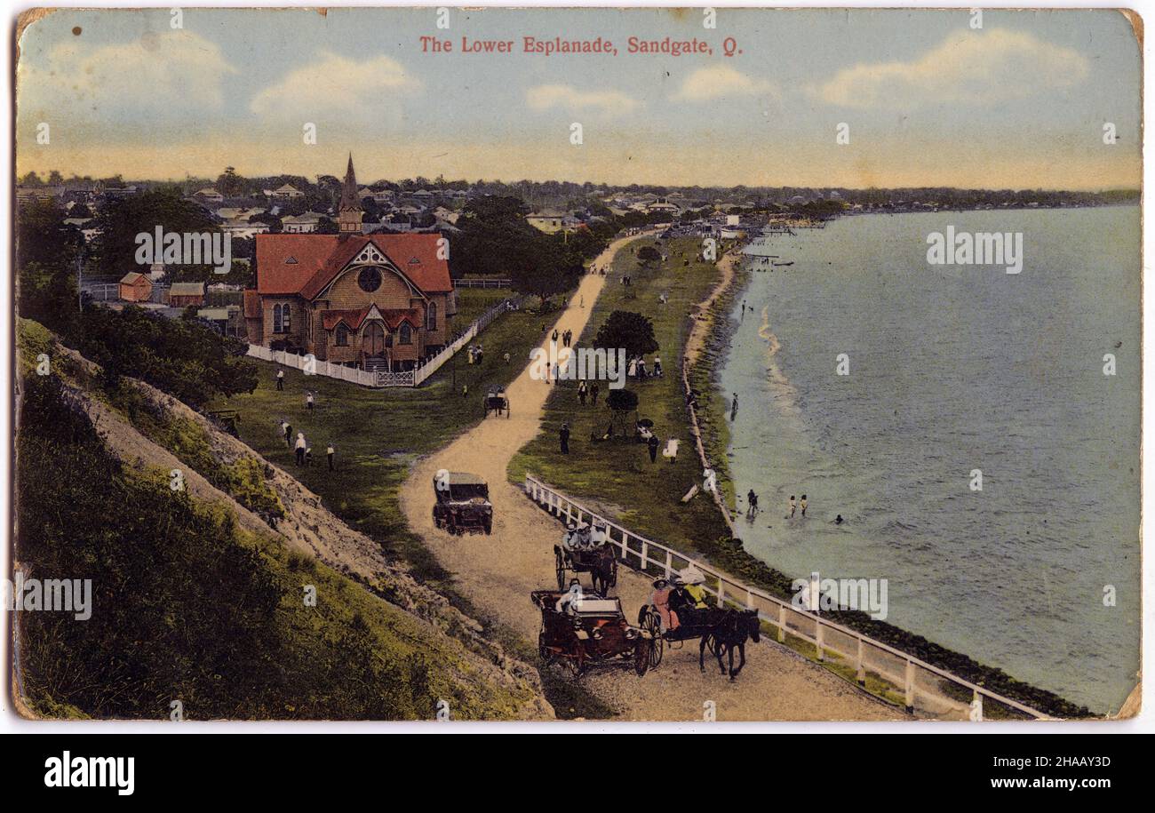 postcard featuring an historical scene of the Lower Esplanade in Sandgate, Queensland, circa 1920 Stock Photo