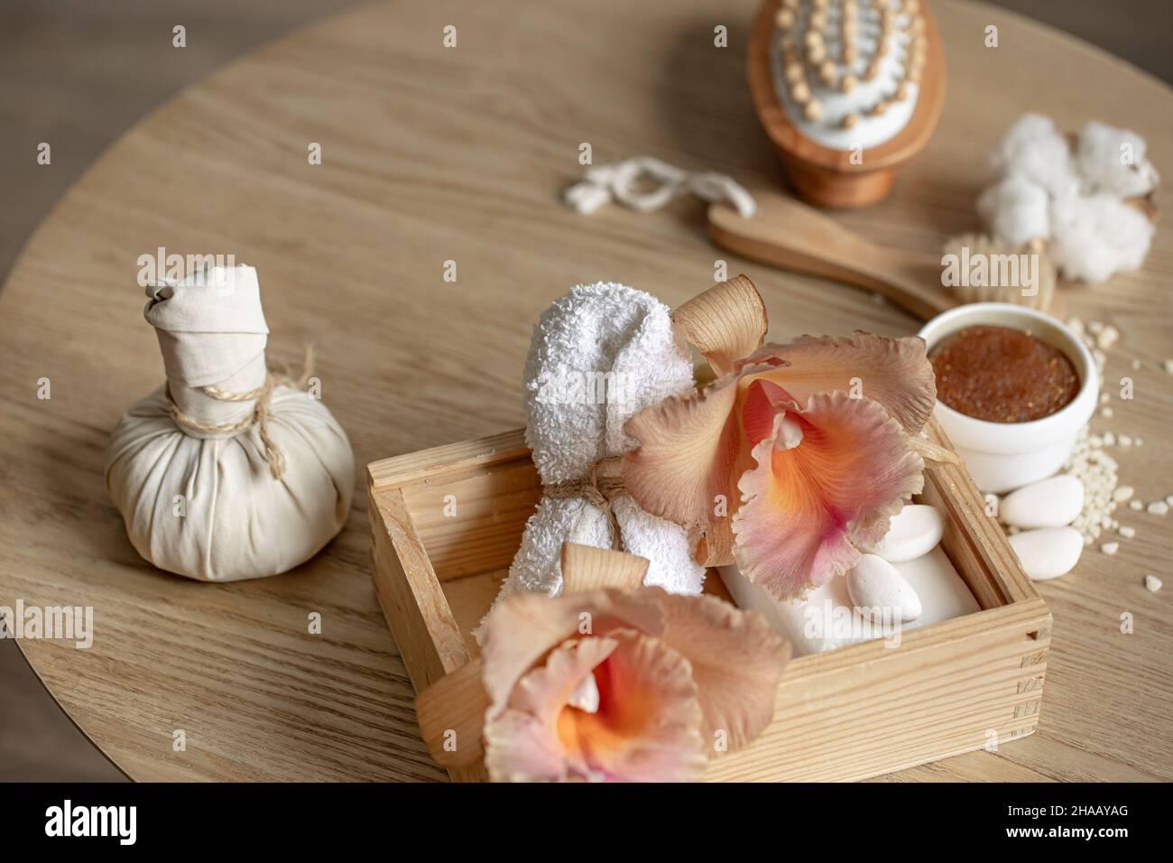 Spa composition with Thai orchid flowers and bath accessories. Stock Photo