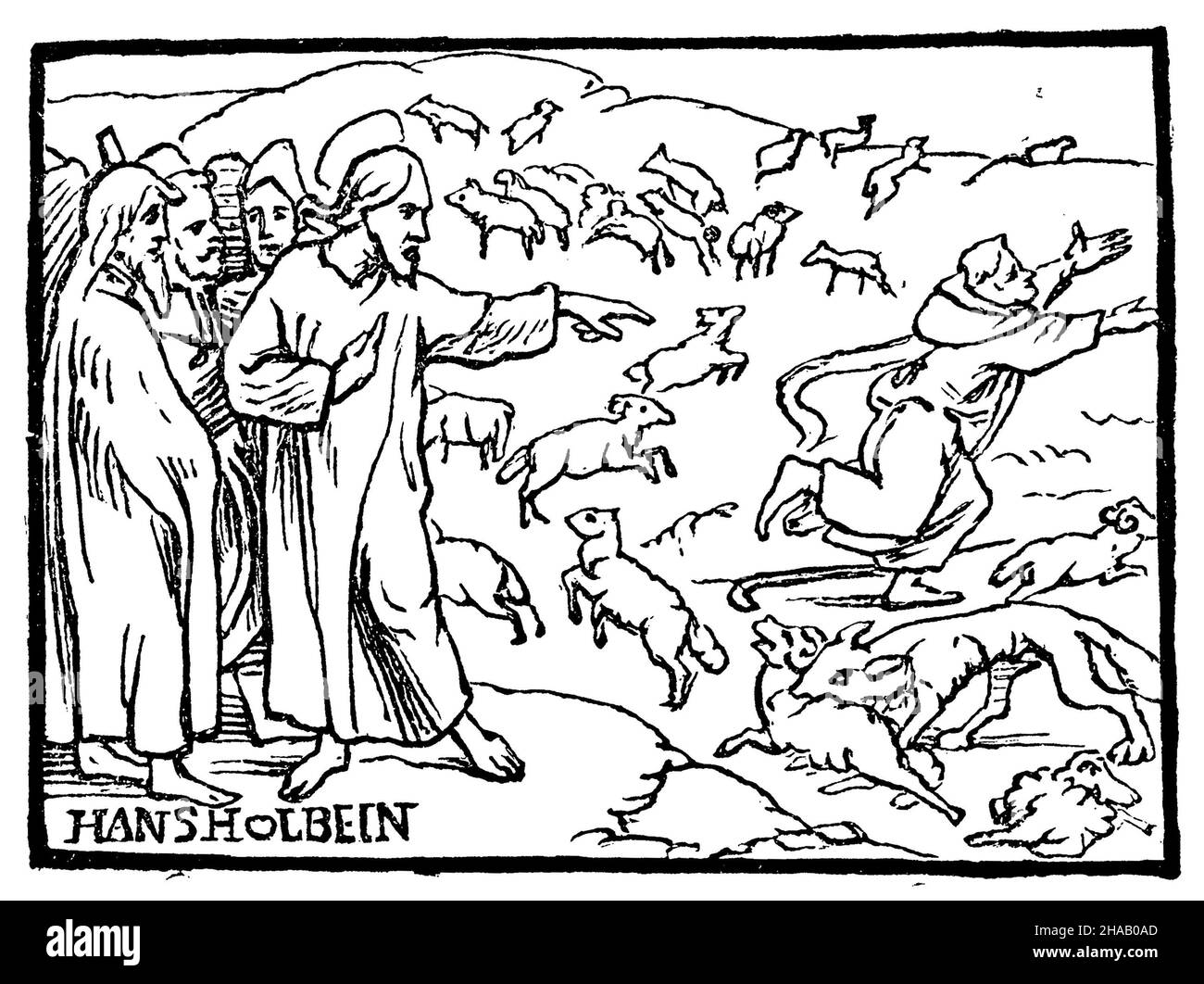 The good and the bad shepherd (Ev. Joh. 10, 12). Woodcut by H. Holbein on a Reformation pamphlet published in England. Surrounded by his disciples, Jesus points out an unfaithful shepherd who has thrown away his shepherd's crook and runs away as the wolf breaks into the flock, , Hans Holbein (church history book, 1881), Der gute und der schlechte Hirte (Ev. Joh. 10, 12). Holzschnitt von H. Holbein auf einem in England erschienenen Reformations-Flugblatt. Von seinen Jüngern umgeben, weist Jesus auf einen ungetreuen Hirten hin, der seinen Hirtenstab weggeworfen hat und davonläuft, da der Wolf in Stock Photo