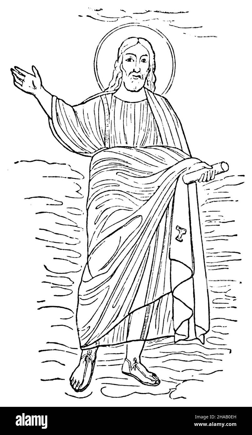 The teaching Savior, carried by clouds. From the mosaic in the tri-bnna of the Basilica of Saints Cosma and Damiano in Rome (early 6th century), donated by Pope Felix IV., ,  (church history book, 1881), Der lehrende Heiland, von Wolken getragen. Ans dem Mosaik in der Tri-bnna der Basilika der Heiligen Cosma und Damiano zu Rom (Anfang des 6. Jahrh.), von Papst Felix IV. gestiftet Stock Photo