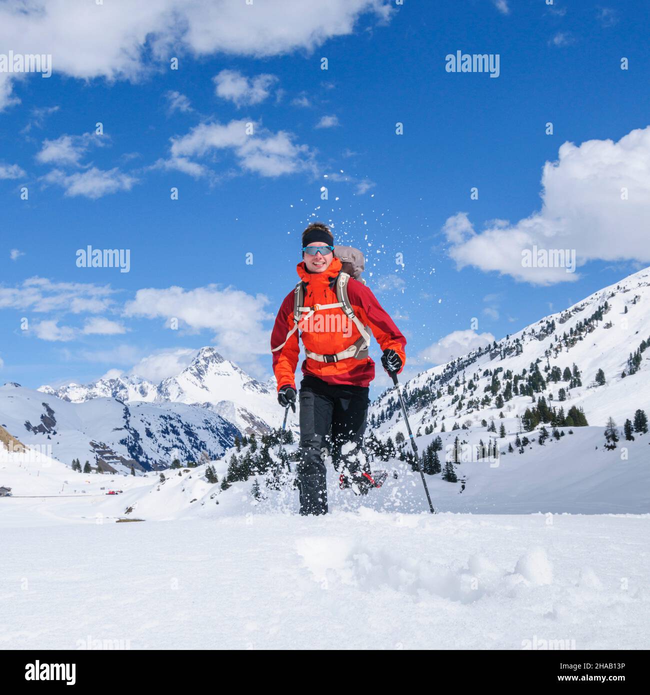 Hiking with snowshoes at a beautiful day in late winter Stock Photo