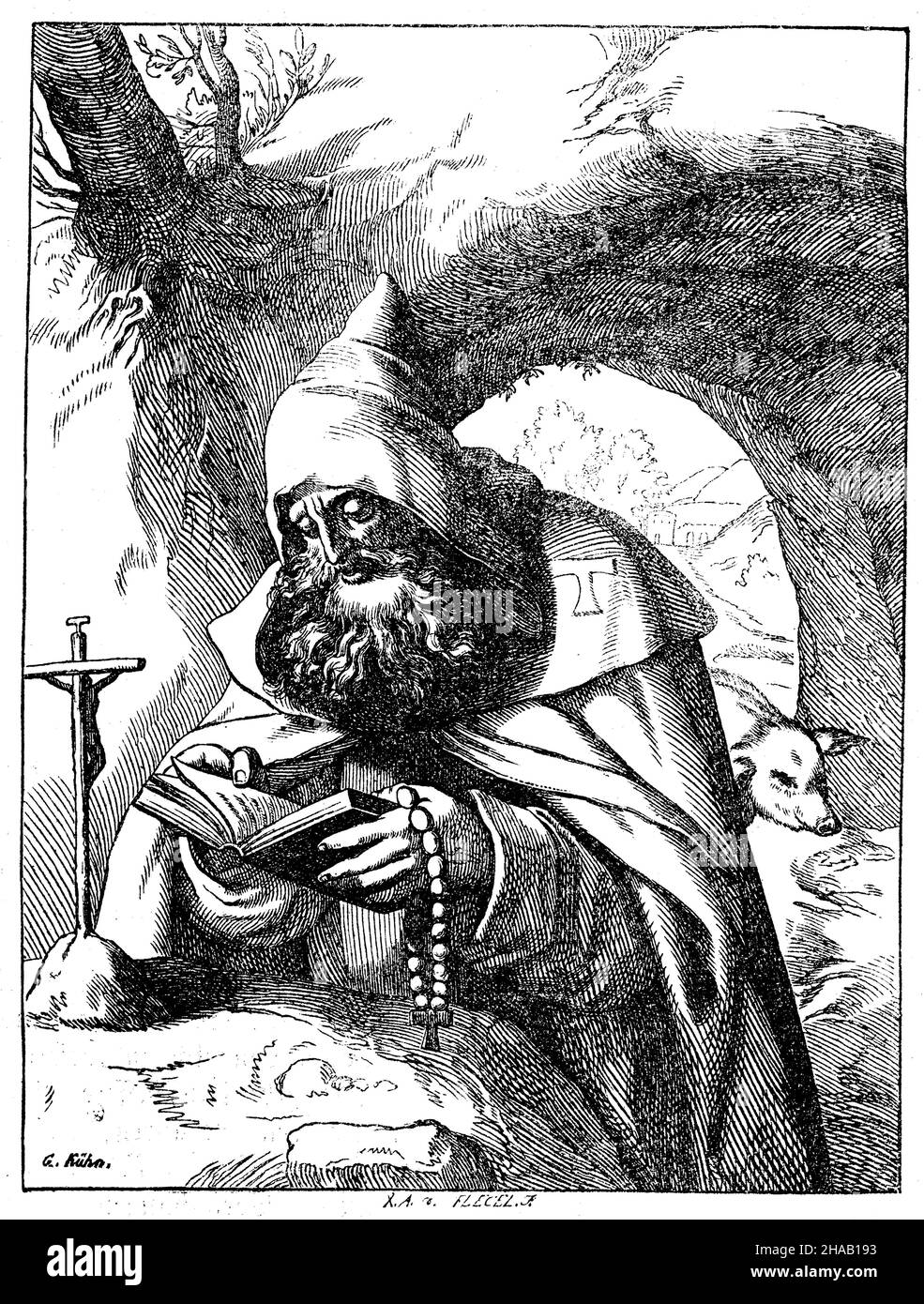 St. Anthony, abbot and hermit, , G. Kühn und F. Flecel? (religious book, 1863), Hl. Abt und Einsiedler Antonius Stock Photo