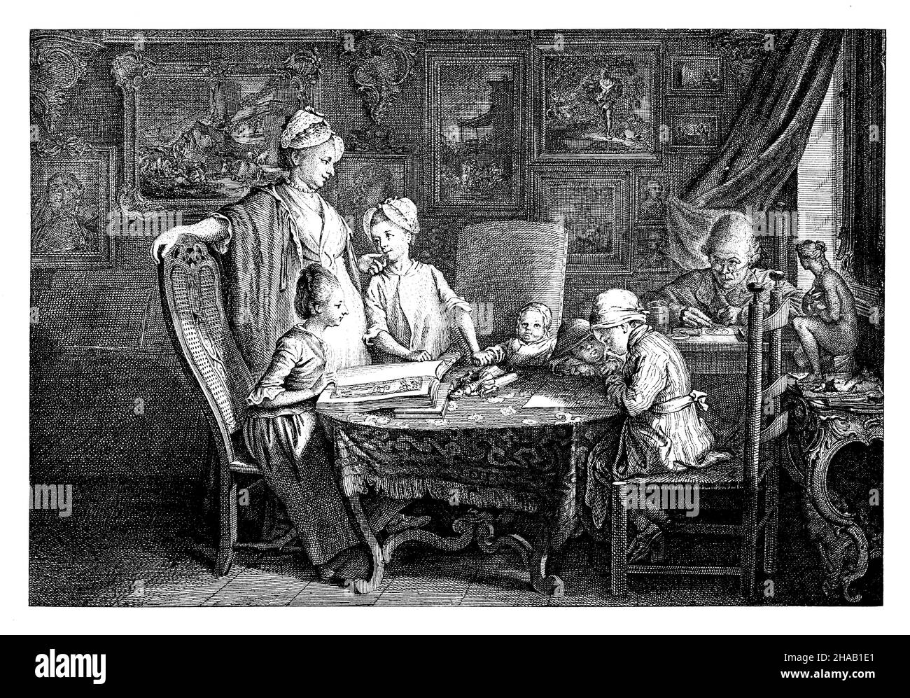 Chodowiecki, Daniel (1726-1801) with his family, , Chodowiecki, Daniel (1726–1801) (cultural history book, 1893), Chodowiecki, Daniel (1726-1801) mit seiner Familie Stock Photo