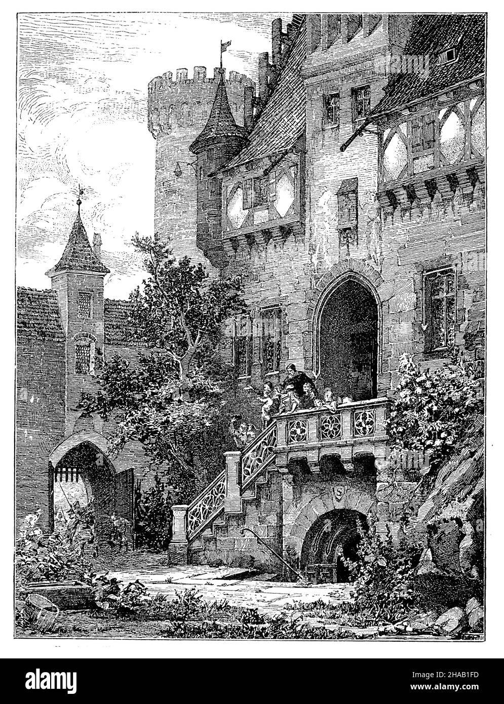 Castle courtyard. Motif from Rothenburg a.d. Tauber Drawn by C. Sterry after F. C. Mayer, , C Sterry (cultural history book, 1893), Burghof. Motiv aus Rothenburg a.d. Tauber Gezeichnet von C. Sterry nach F. C. Mayer Stock Photo