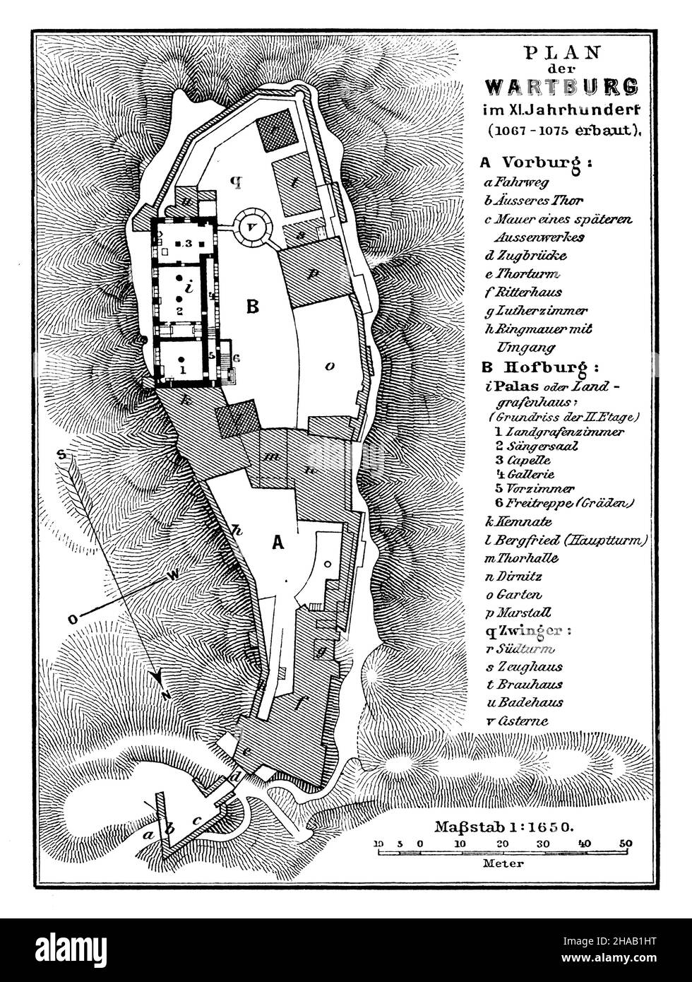 Site plan of the Wartburg in the 11th century, ,  (cultural history book, 1893), Lageplan der Wartburg im 11. Jahrhundert Stock Photo