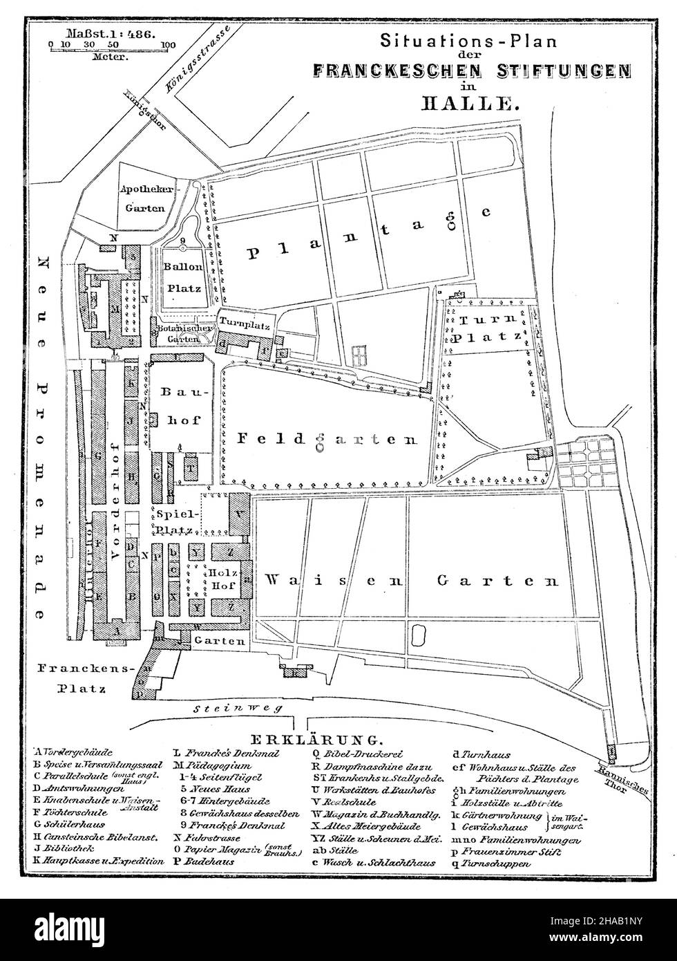 Site plan of the Francke Foundations, Halle, ,  (cultural history book, 1893), Situationsplan der Franckeschen Stiftungen, Halle Stock Photo