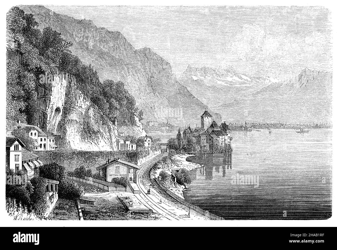 Chillon Castle on Lake Geneva, , W. Reichert (geography book, 1885), Schloss Chillon am Genfer See Stock Photo