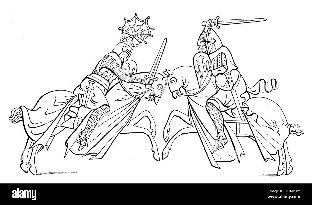 Fight between knights (13th century). Miniature in a manuscript of the British Museum in London, ,  (history book, 1902), Kampf zwischen Rittern (13. Jahrhundert). Miniatur in einer Handschrift des Britischen Museums zu London Stock Photo