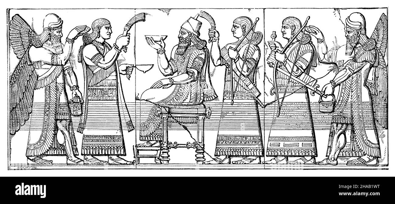 Assyrian king surrounded by court officials and cherubic genii, (from Nimrud)., ,  (religion history book, 1885), Assyrischer König in feierlicher Umgebung von Hofbeamten und cherubartigen Genien, (von Nimrud) Stock Photo