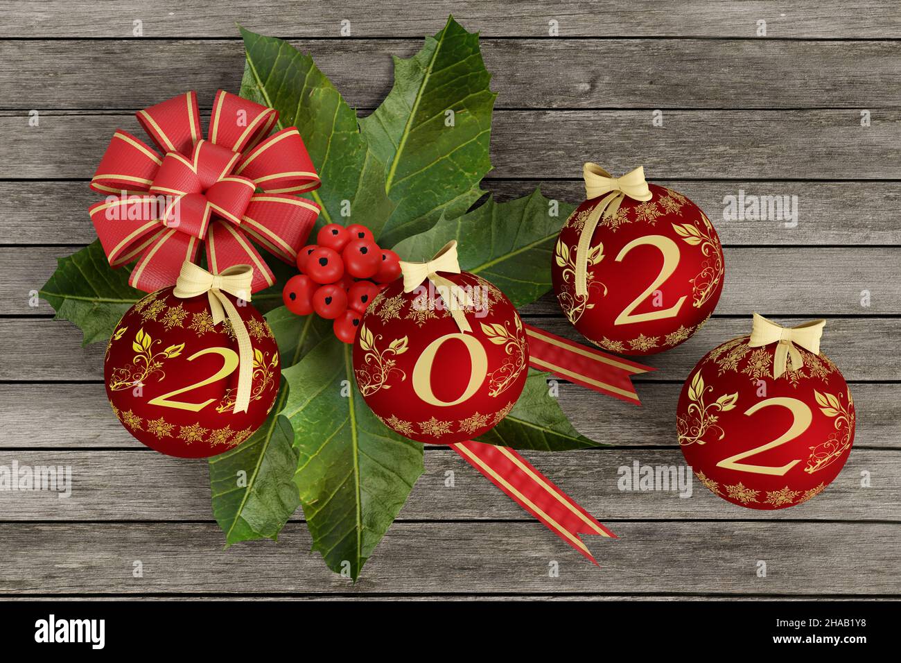 Illustrazione 3D. Anno nuovo 2022. Capodanno 2022 in numeri e con decorazione natalizia. Stock Photo