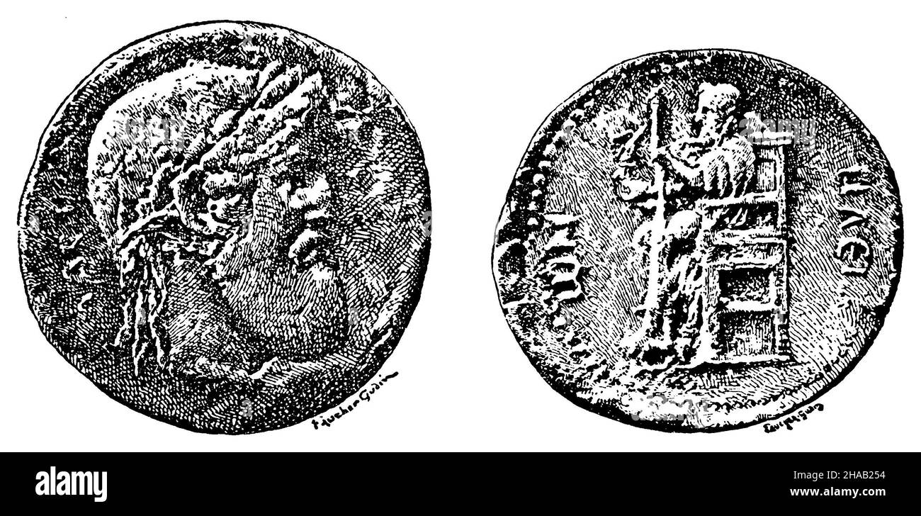 Image of Zeus of Pheidias, from a coin of Elis minted under Hadrian., , Gudin (history book, 1899), Abbildung des Zeusbildes des Pheidias, von einer unter Hadrian geprägten Münze von Elis Stock Photo