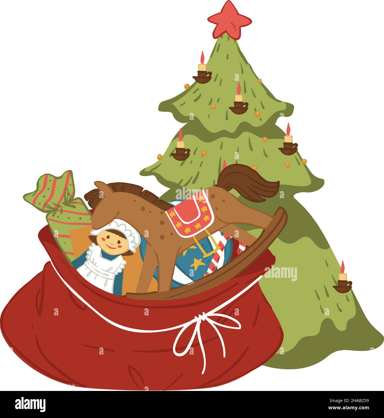 Pine tree with star on top and sack with presents Stock Vector