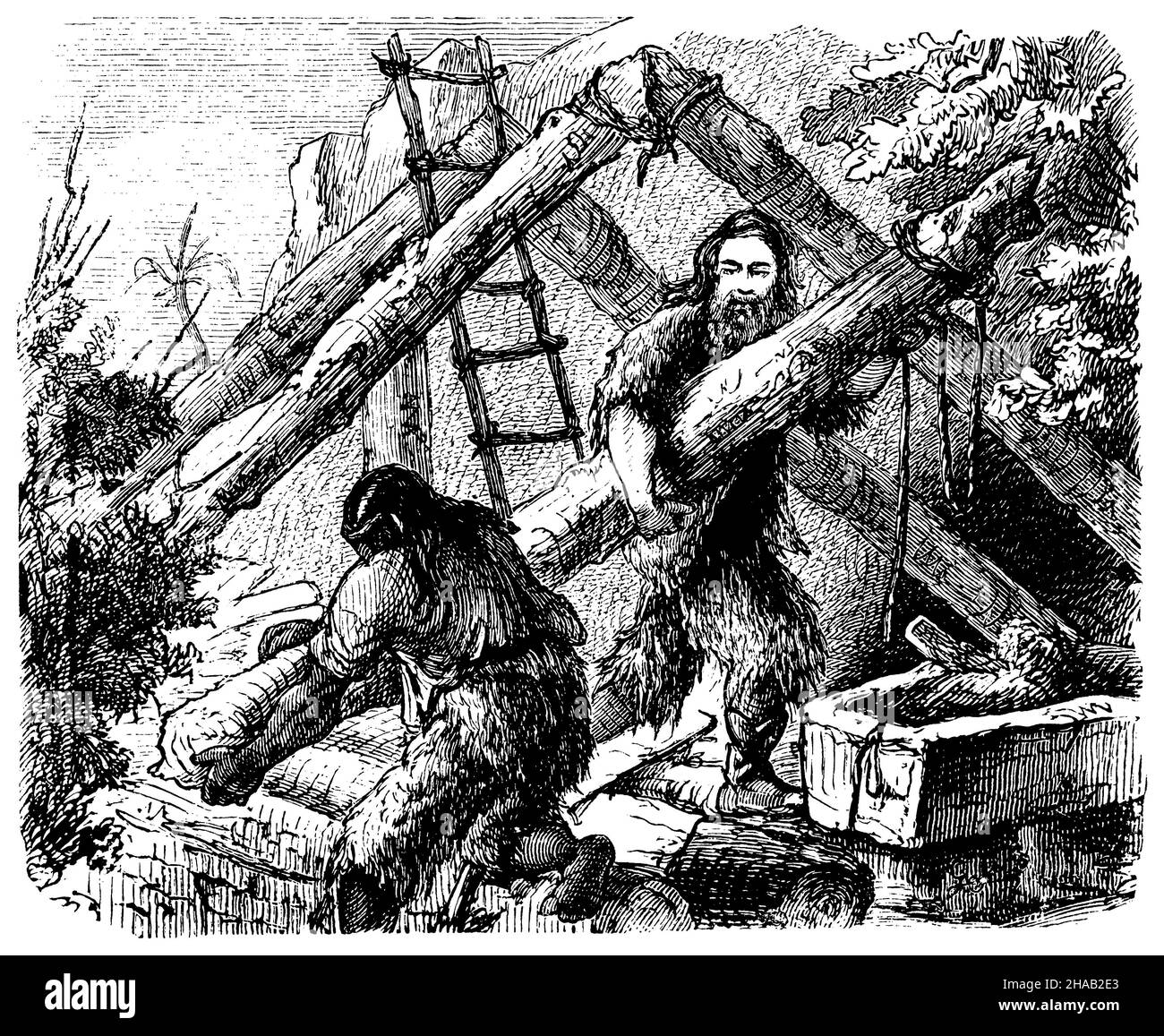 Robinson Crusoe: Straightening the House, ,  (novel, 1897), Robinson Crusoe: Das Richten des Hauses Stock Photo