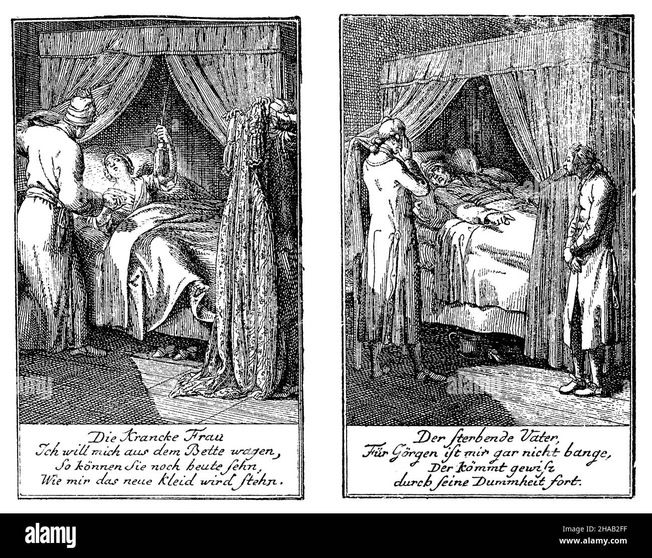 Two copperplate engravings for Gellert's fables by Chodowiecki. From the genealogical calendar for West Prussia for the year 1777, , Chodowiecki, Daniel (literary history book, 1910), Zwei Kupferstiche zu den Gellertschen Fabeln von Chodowiecki. Aus dem genealogischen Kalender für Westpreußen auf das Jahr 1777 Stock Photo