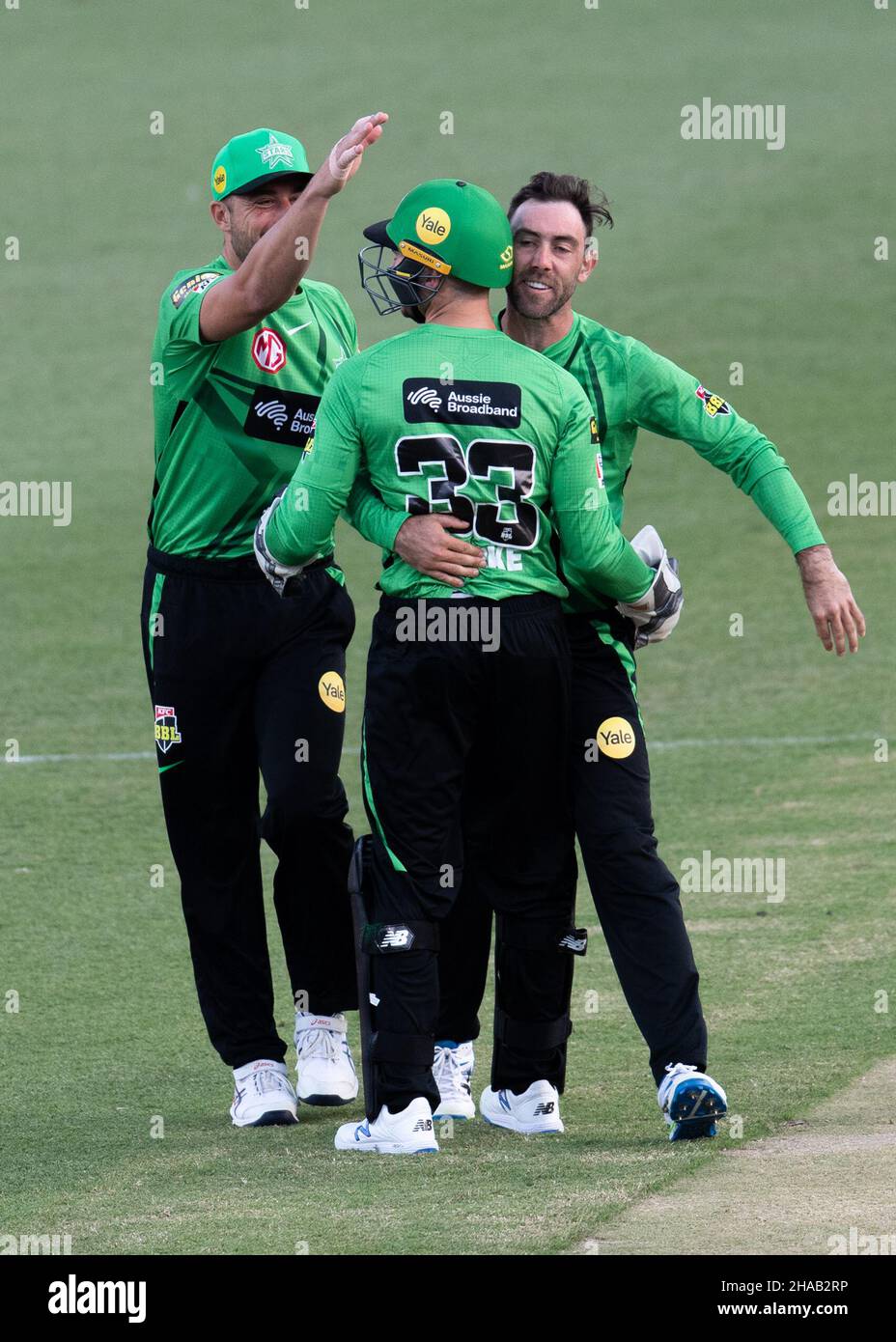 Sydney, Australia. 12th Dec, 2021. Glen Maxwell of Stars celebrate after taking the wicket of Sam Whiteman of Thunders during the match between Sydney Thunder and Melbourne Stars at Sydney Showground Stadium, on December 12, 2021, in Sydney, Australia. (Editorial use only) Credit: Izhar Ahmed Khan/Alamy Live News/Alamy Live News Stock Photo