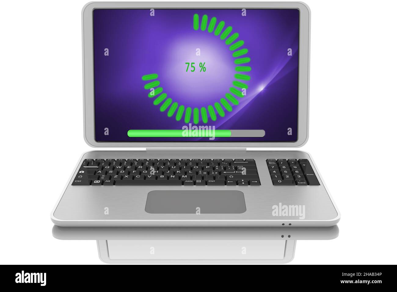 3D illustration. Open laptop computer with file download symbol. Stock Photo