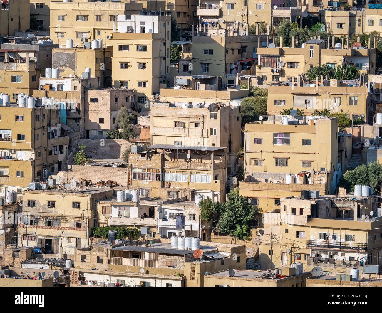 Close up detail with many crowded apartment buildings in Amman, Jordan